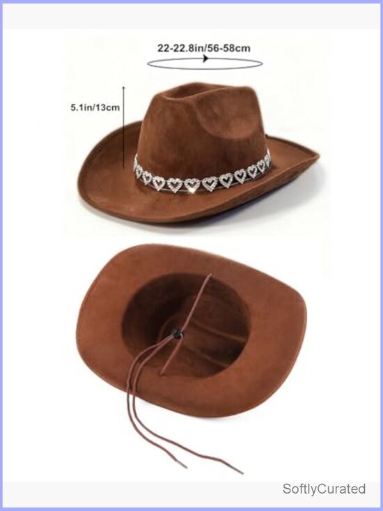 Felt Cowboy Hat Rhinestone Hearts Wide Brim with Adjustable Lanyard